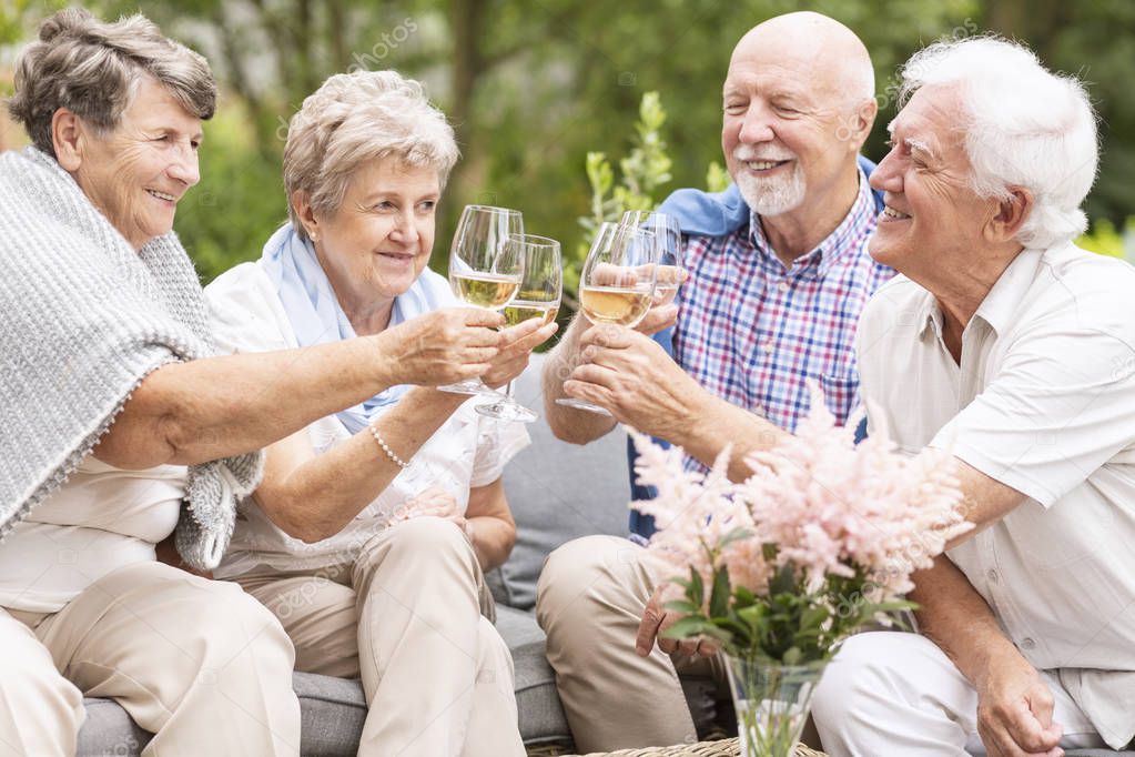 A toast made by happy senior women and men to celebrate the beautiful summer afternoon during their leisure time together. Smiling elderly couples with wine glasses.