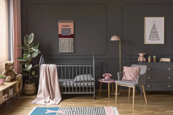 Pink Pillow Grey Armchair Next Kid Bed Blanket Bedroom Interior — стоковое фото