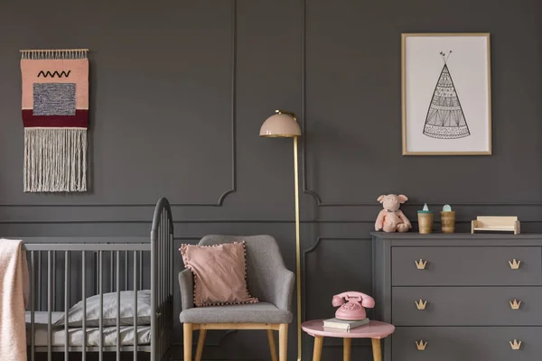 Grey Armchair Pink Pillow Bed Cabinet Child Bedroom Interior Настоящее — стоковое фото