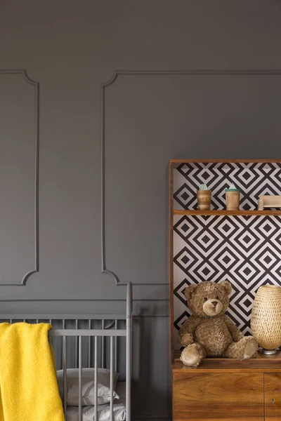 Plush Toy Cabinet Next Grey Bed Yellow Blanket Dark Child — Stock Photo, Image