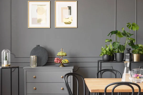 Posters Grey Cabinet Dark Dining Room Interior Plants Wooden Table — Stock Photo, Image
