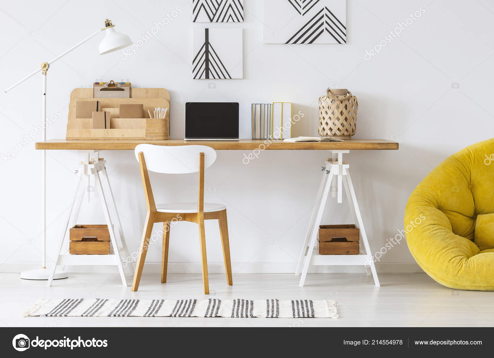 Yellow Pouf Next Desk Wooden Chair White Home Office Interior