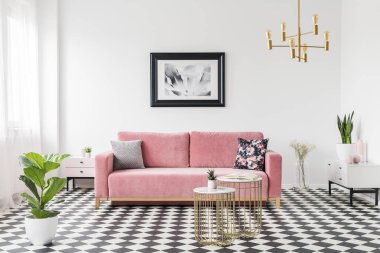 Altın tablolar parlak Daire İç poster ve bitki ile pembe kanepe önünde. Gerçek fotoğraf