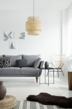 Lamba gri kanepe koltuk ve posterler ile beyaz salon iç yastıklar ile yukarıda. Gerçek fotoğraf