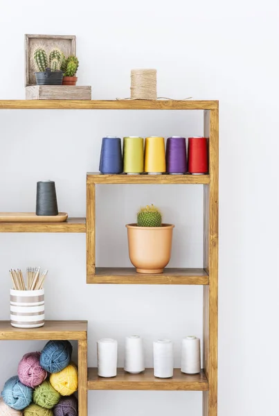 Colorful Yarns Plants Wooden Shelves White Interior Real Photo — Stock Photo, Image