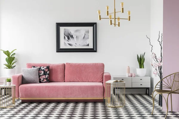 粉红色的沙发旁边的橱柜与植物在客厅内部与海报和扶手椅 真实照片 — 图库照片