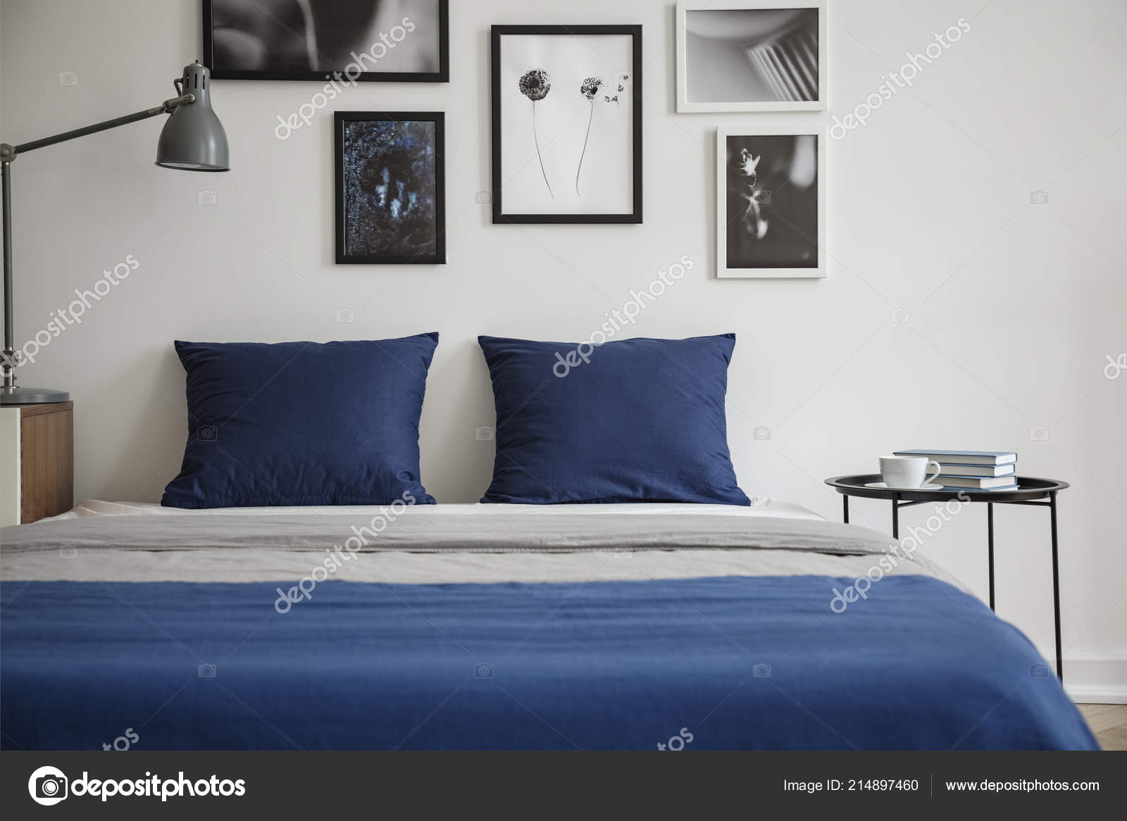 Navy Blue Pillows Bed Table Lamp White Bedroom Interior