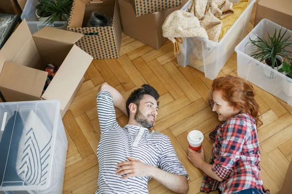 High Angle Happy Couple Floor Next Boxes Stuff While Moving — Stock Photo, Image
