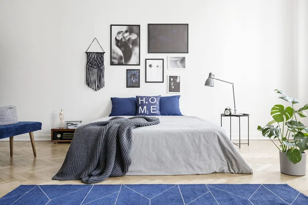 Marine Blauw Tapijt Voor Grijs Bed Met Deken Slaapkamer Interieur — Stockfoto