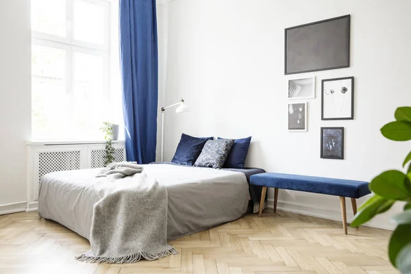 Bench Next Bed Grey Blanket Bright Bedroom Interior Posters Blue — Stock Photo, Image