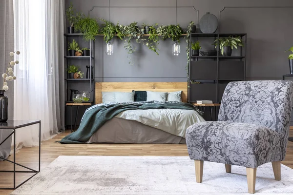 Patterned Grey Armchair Bedroom Interior Plants Lamps Wooden Bed Real — Stock Photo, Image