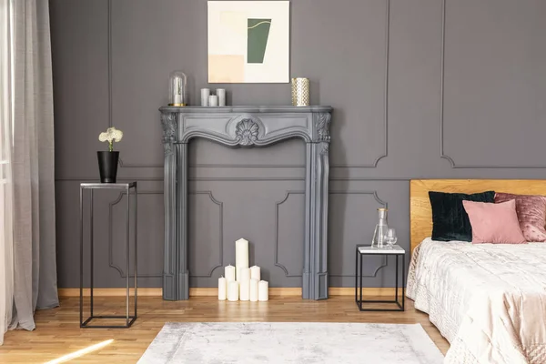 Elegant Bedroom Interior Candles Set Fireplace Portal Metal Tables Wall — Stock Photo, Image