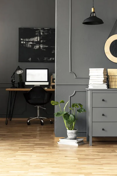 Plant Next Grey Cabinet Workspace Interior Mockup Computer Desktop Real — Stock Photo, Image