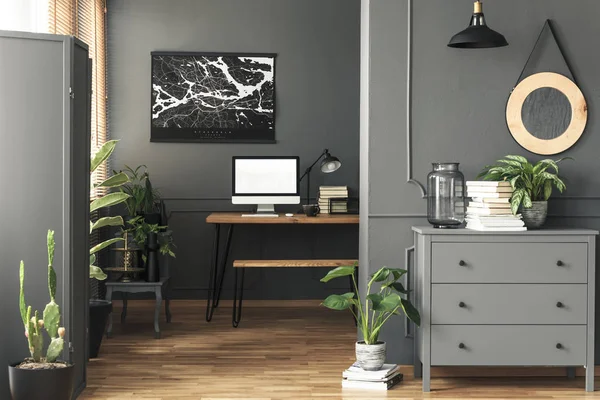 Black Poster Grey Wall Desk Mockup Home Office Interior Mirror — Stock Photo, Image