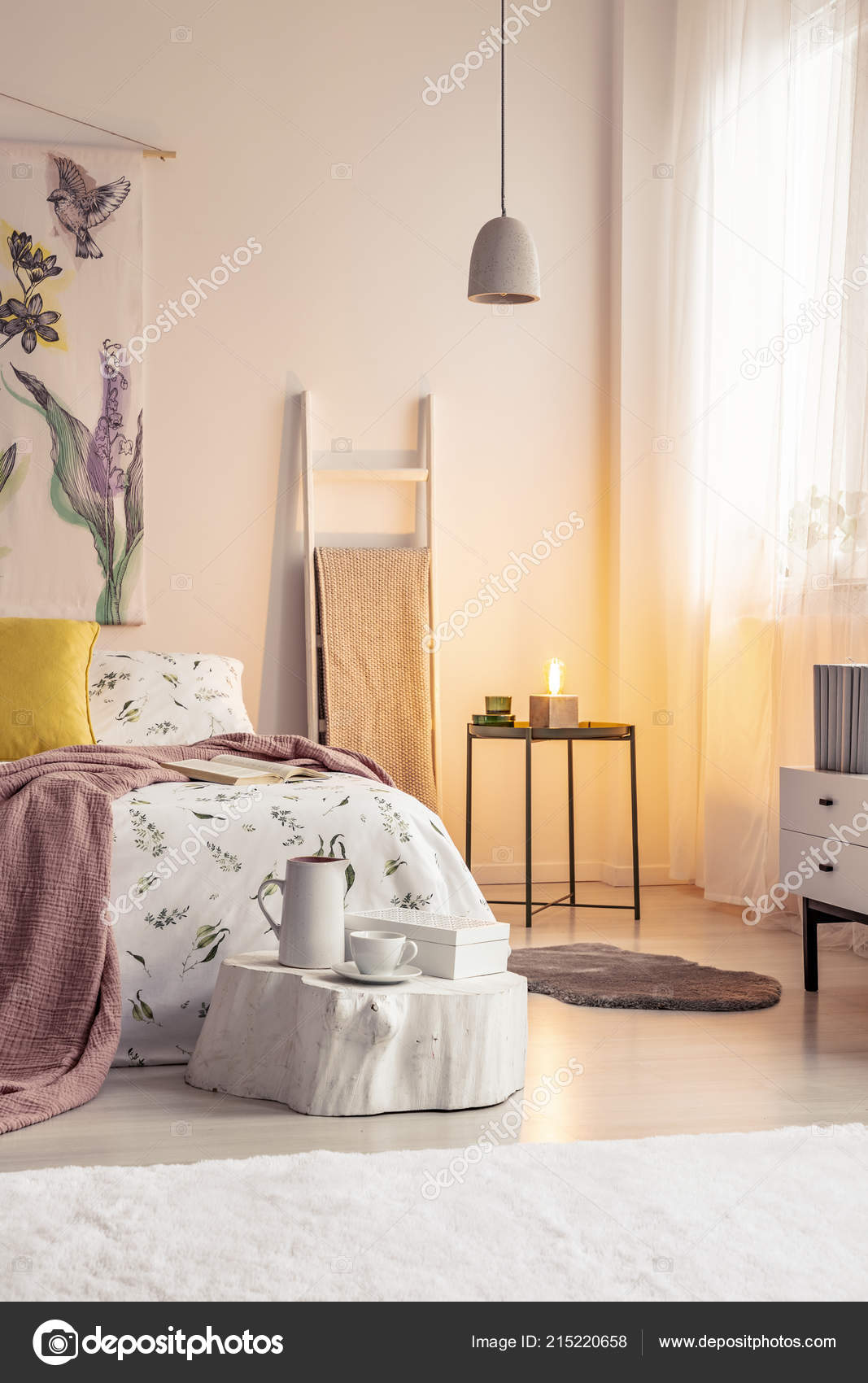 Warm Lamp Light Soft Colors Bedroom Interior Bed Dressed