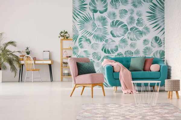Sillón Rosa Junto Sofá Azul Interior Plano Con Hojas Verdes —  Fotos de Stock