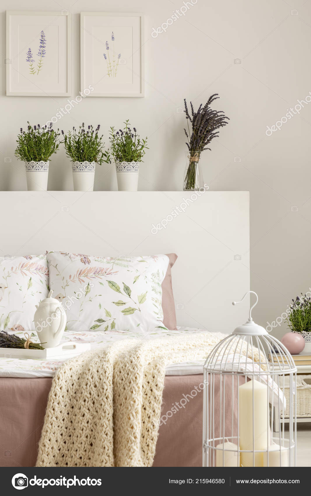 Lavender Flowers Bedhead Bed Blanket Bright Bedroom Interior