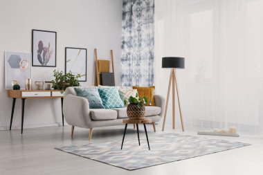 Bitki halı ve salon iç sonraki kanepe lambalı posterler üzerinde tablo. Gerçek fotoğraf