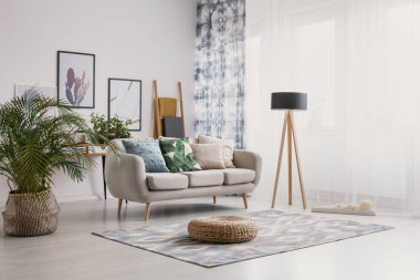 Kabarık ve bitki kanepe yastık parlak Daire İç lamba ve posterler ile yakın. Gerçek fotoğraf