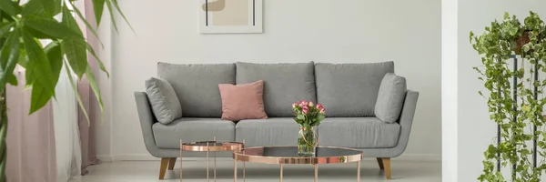 Real Photo Grey Settee Dirty Pink Pillow Standing White Living — Stock Photo, Image