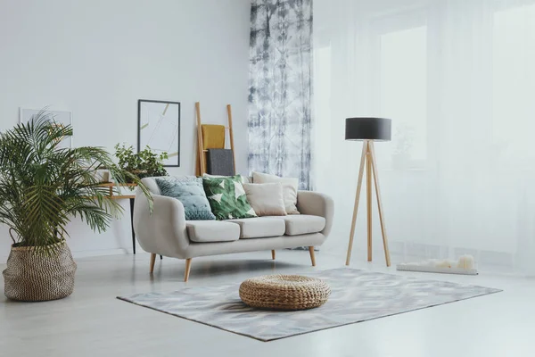 Bankstel Tussen Plant Lamp Heldere Woonkamer Interieur Met Poef Tapijt — Stockfoto