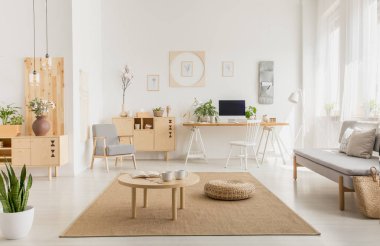 Modern ev ofis iç ahşap mobilya, sehpa, kanepe, kabarık ve bilgisayar bir masa üzerine gerçek fotoğraf