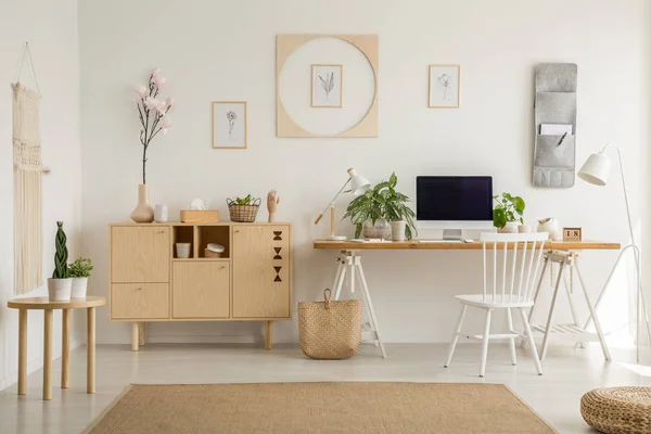 Wooden Cupboard Next Desk Desktop Computer Plants Home Office Interior — Stock Photo, Image