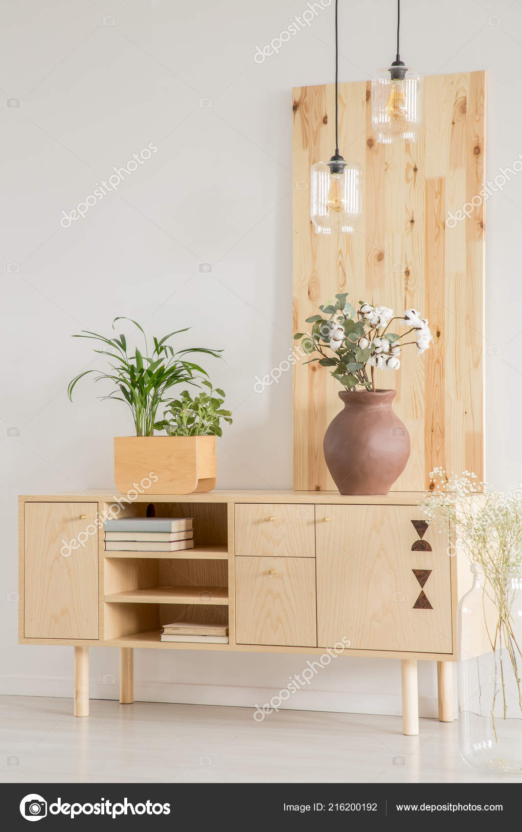 Wooden Cabinet Plants Box Vase White Wall Daily Room Interior