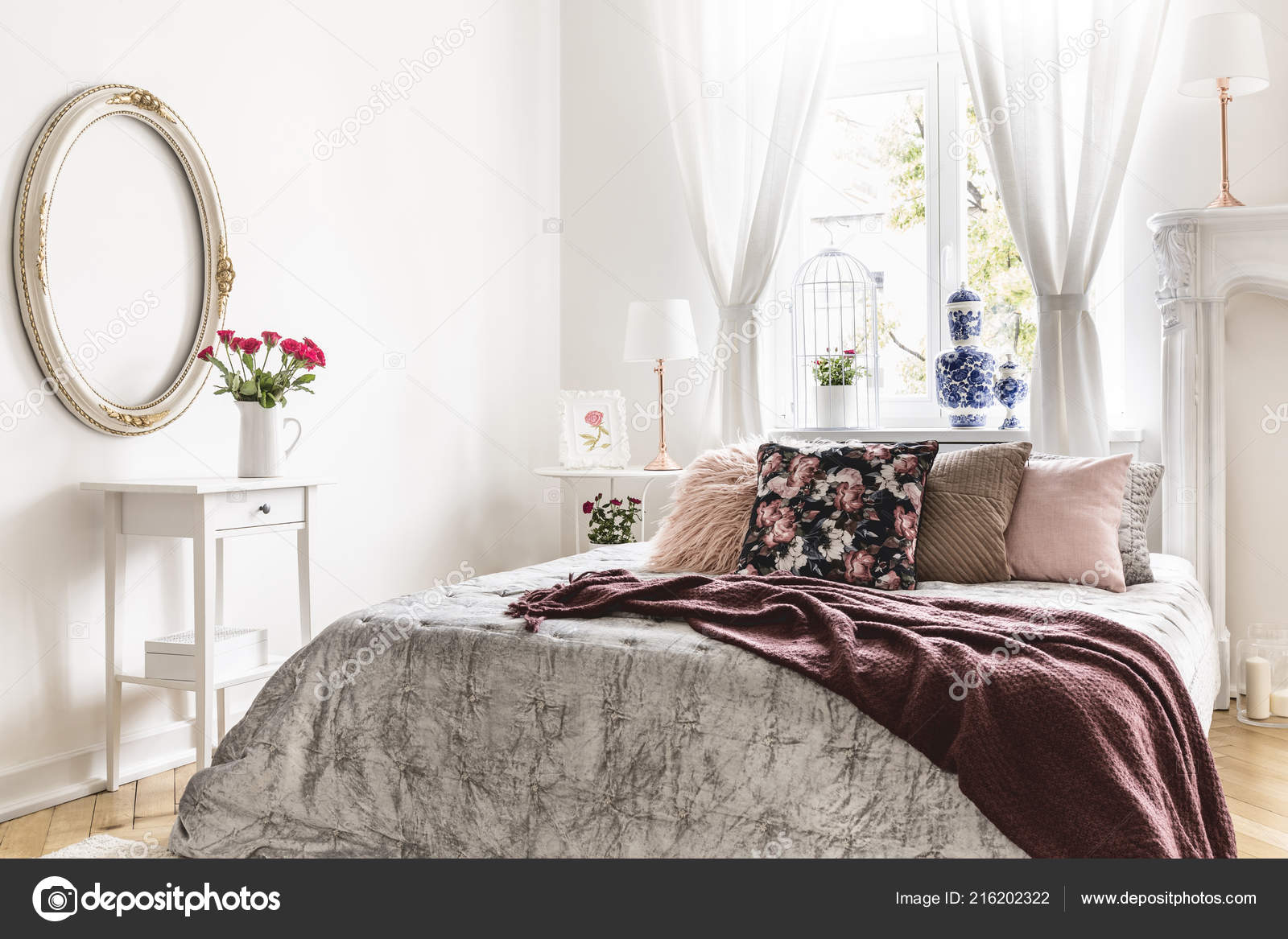 Sweet Bedroom Interior Bed Covered Silver Throw Burgundy