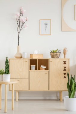 Bir çiçek ve küçük grafik bir oturma odası iç duvarında bulunan basit dolapla. Gerçek fotoğraf