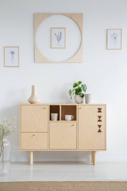 Beyaz duvar ahşap dolapta en az oturma odası iç bitkiler ile yukarıda afişlerde. Gerçek fotoğraf