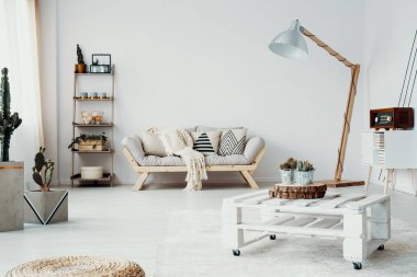 Kaktüsler ve beyaz modern oturma odası iç kanepe lamba yanındaki ile ahşap masa. Gerçek fotoğraf