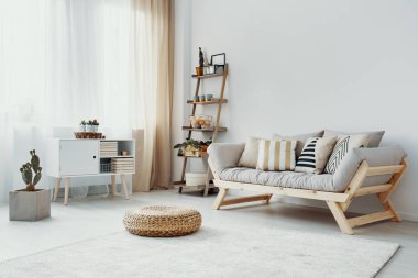 Kaktüs beyaz kabarık tahta kanepenin önünde gri çatı iç kabin yanında. Gerçek fotoğraf