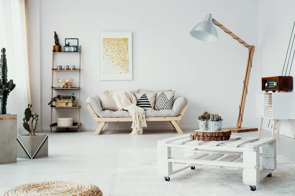 White Wooden Table Spacious Flat Interior Lamp Next Sofa Poster — Stock Photo, Image