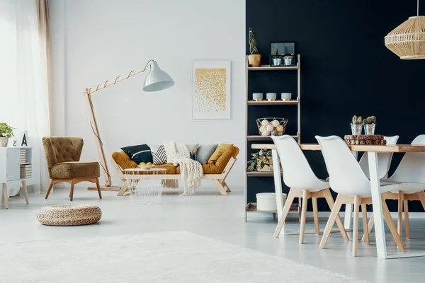 Beyaz ve siyah çatı iç lamba ve sofa yakınındaki kabarık ile yemek masası sandalyeler. Gerçek fotoğraf