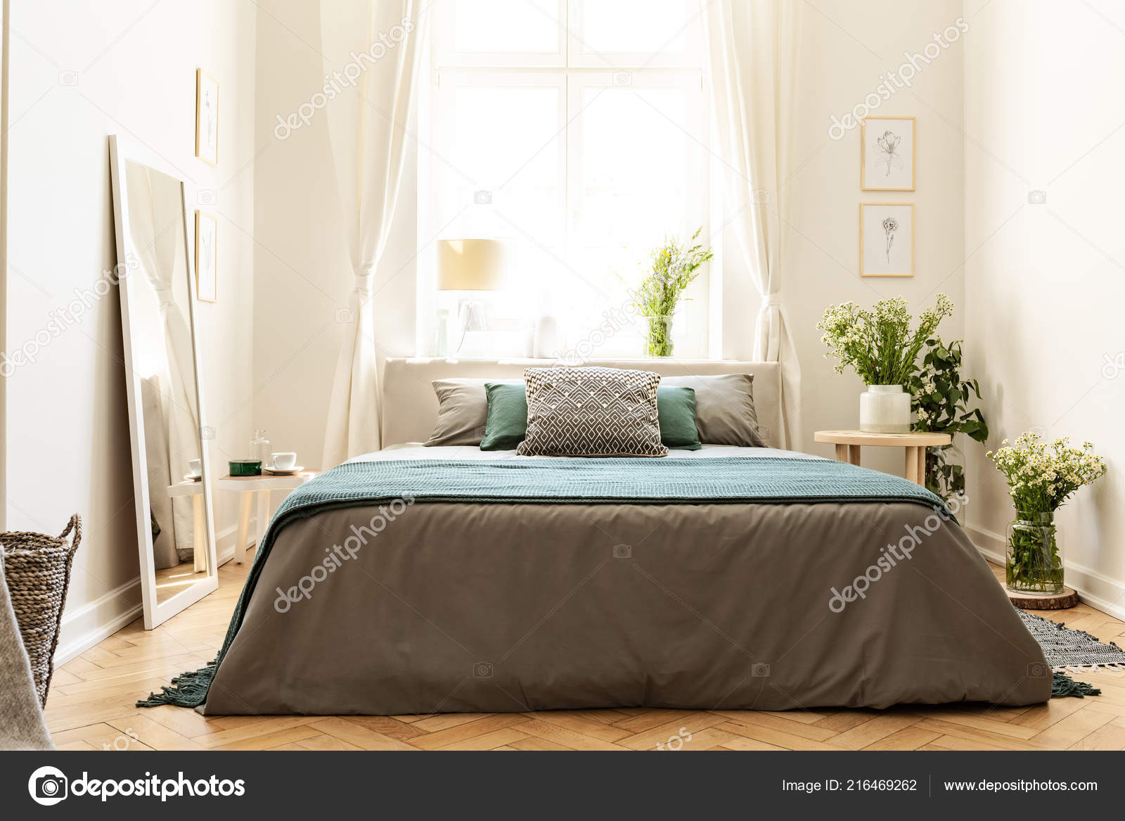 Beige Green Gray Bedroom Interior Tenement House Bed Sunny