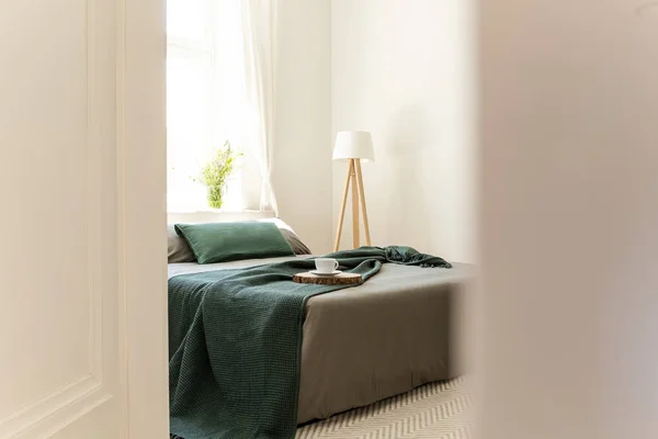 Peek Open Door Bed Dressed Gray Green Linen Pillows Blanket — Stock Photo, Image