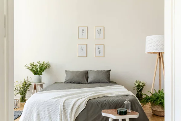 Eco Friendly Pastel Bedroom Interior Gray Linen Pillows Vanilla Blanket — Stock Photo, Image