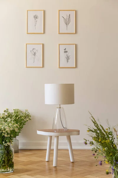 Night Lamp Stool Surrounded Bunches Wild Flowers Vanilla Wall Nature — Stock Photo, Image