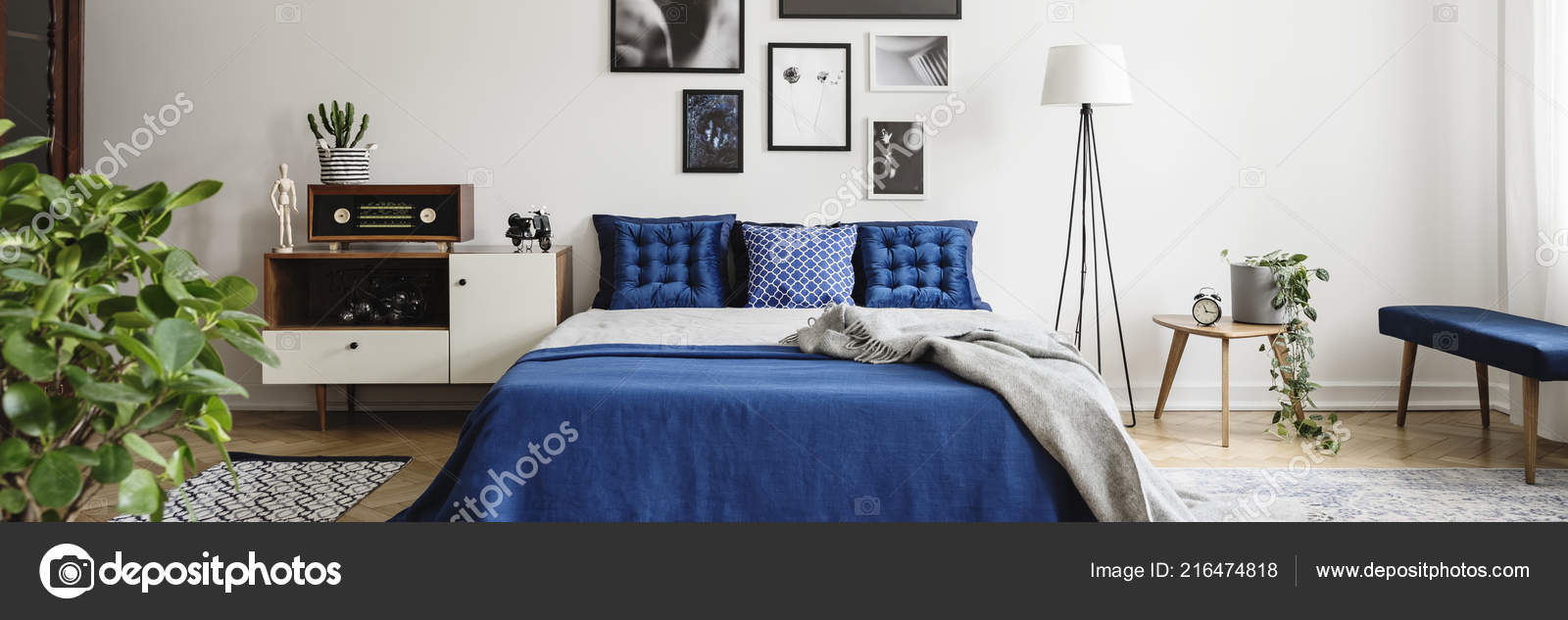 Real Photo Eclectic Bedroom Interior Graphics Wall Blue Pillows