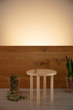 Yuvarlak ahşap masa en az oturma odası iç ışık ile bitkilerde arasında. Gerçek fotoğraf