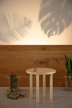 Ahşap arka plan üzerinde bitki ve yaprak arasında basit tablo gölgeler şeklinde. Gerçek fotoğraf