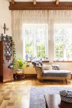 Lüks salon iç pencere ve bir ahşap dolap üzerinde pahalı Çin yanındaki mavi şezlong ile. Gerçek fotoğraf