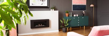 Panorama of fireplace and posters in grey living room interior with plants and cupboard. Real photo clipart