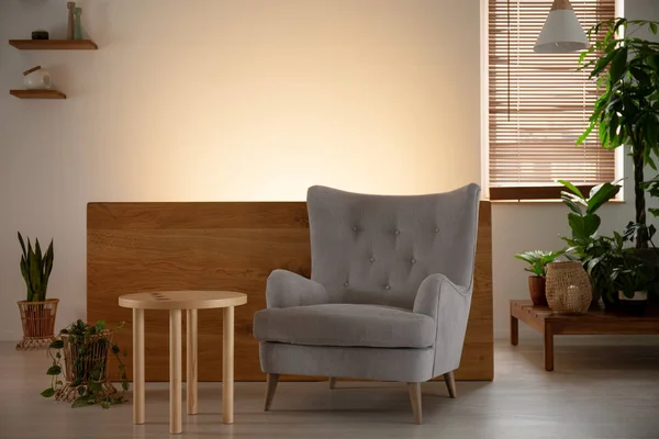 Sillón Gris Junto Mesa Madera Salón Interior Con Plantas Luz — Foto de Stock