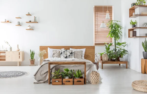 Łóżko Zagłówkiem Drewniane Wnętrza Biały Przestronna Sypialnia Szafy Roślin Prawdziwe — Zdjęcie stockowe