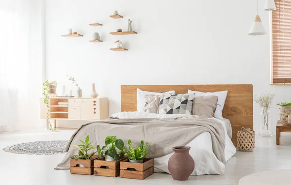 Planten Voor Bed Met Hoofdeinde Wit Slaapkamer Interieur Met Vaas — Stockfoto