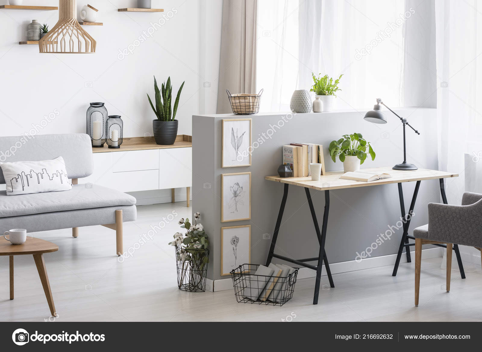 Grey Armchair Desk Plant Lamp Flat Interior Wooden Table