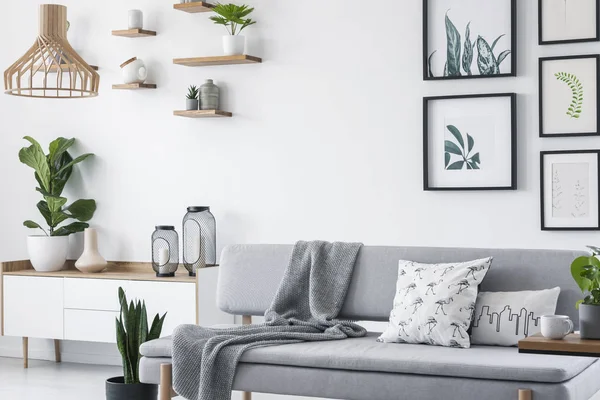 Oreillers Couvertures Sur Canapé Gris Dans Loft Scandinave Blanc Intérieur — Photo