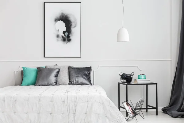 Minimalist Framed Poster Mock White Wall Artistic Bedroom Interior Elegant — Stock Photo, Image